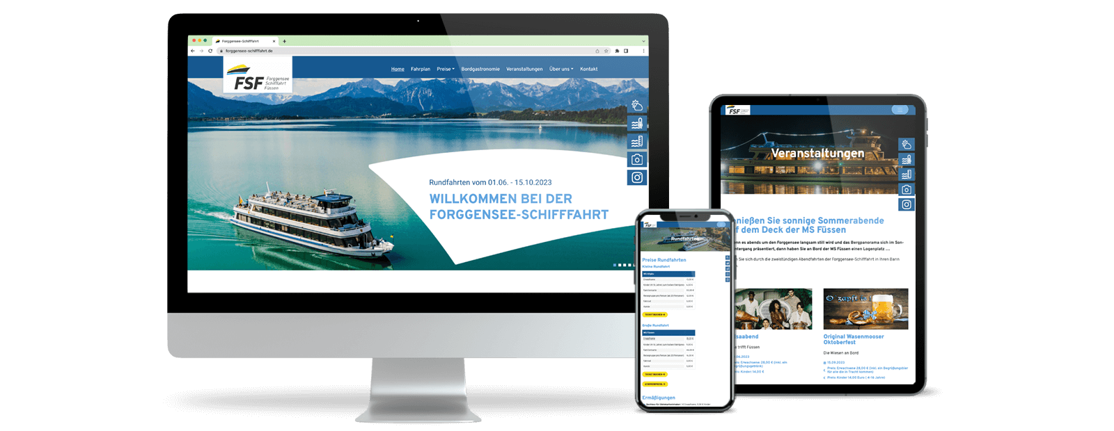 Mockup Website Schifffahrt Forggensee an drei verschiedenen Geräten