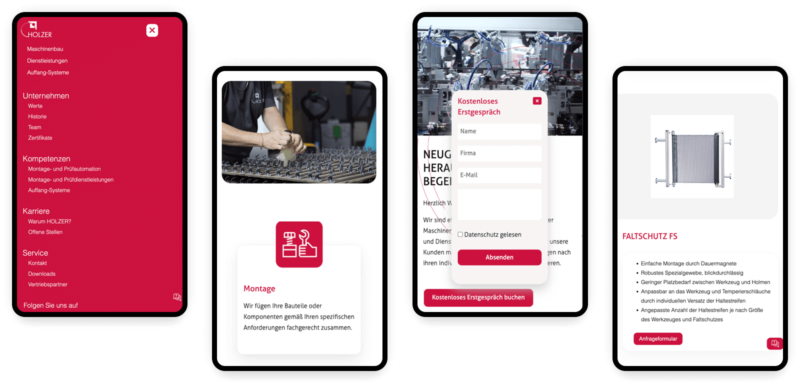 Mockup der HOLZER Website mit vier Ausschnitten den Website auf dem Handy